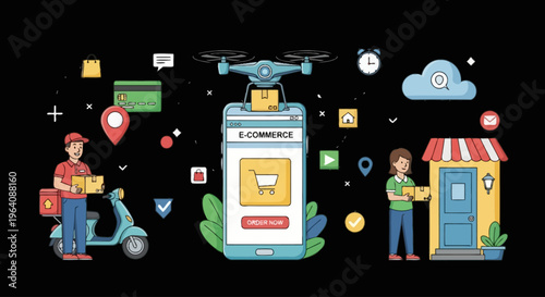 E-commerce drone delivery service concept with people shopping online and receiving packages