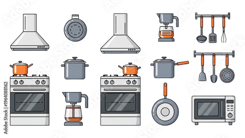 Vector CAD design style illustration of kitchen appliances and tools