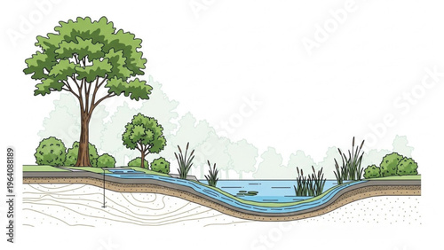 Cross-section vector CAD design style illustration of a tree near a body of water
