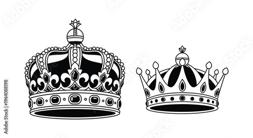 Two ornate royal crowns are depicted in a stark black and white illustration forming a striking silhouette high quality professional detailed