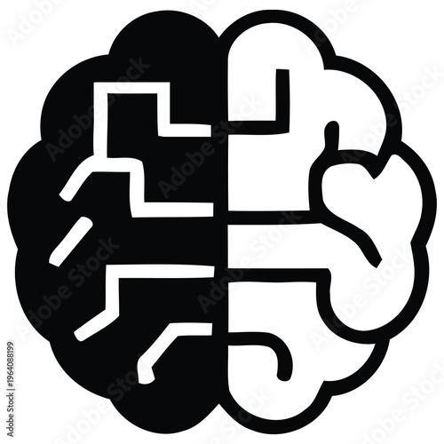 A stylized brain graphic split into black and white hemispheres representing duality
