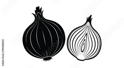 Two onions are depicted one whole and one cut in half showcasing a striking black and white contrast silhouette high quality