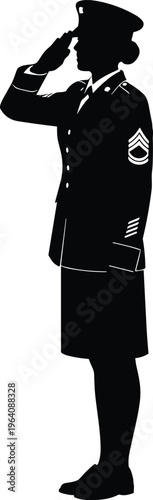 Black silhouette of a female soldier or sergeant in military uniform saluting with rank insignia, vector illustration isolated on white background.