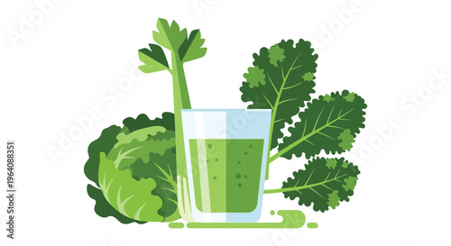A vibrant illustration depicts a glass of green juice surrounded by fresh leafy greens showcasing a flat silhouette high quality professional