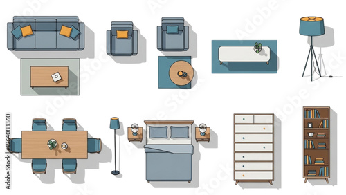 Vector illustration of a modern living room and dining room in CAD design style with furniture