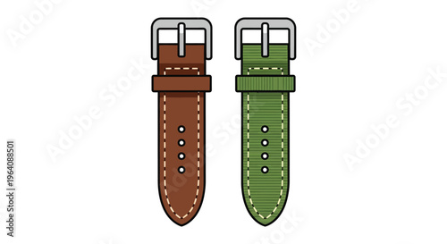Two colorful watch straps one brown leather and one green canvas are displayed side by side a flat illustration silhouette high quality professional