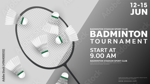 Badminton tournament horizontal banner template with racket and multiple shuttlecocks on grey background, Vector illustration EPS 10