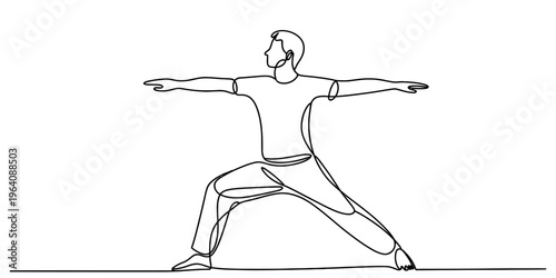 A single line drawing of a man performing a warrior yoga pose on a plain white background surface.
