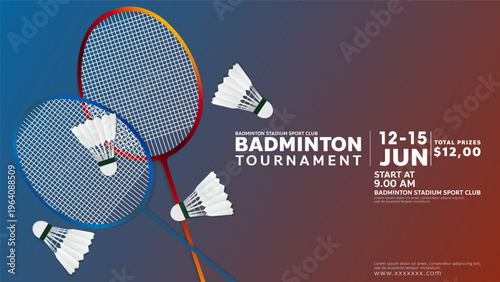 Badminton tournament championship banner with rackets, shuttlecocks and colorful gradient background, Vector illustration EPS 10