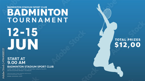 Badminton tournament horizontal banner template with dynamic player silhouette on blue background, Vector illustration EPS 10