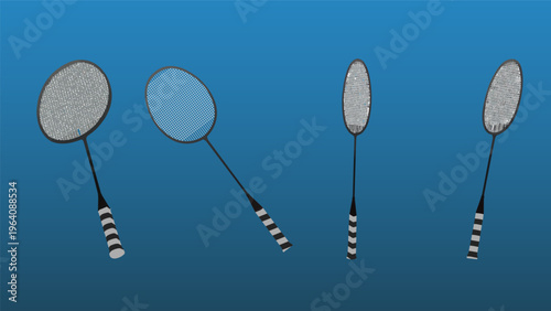 Badminton racket vector set with various angles and positions isolated on blue gradient background, Vector illustration EPS 10