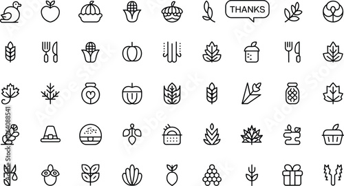 Autumn harvest outline icons, Thanksgiving vector set, seasonal food symbols illustration, fall nature graphics pack, holiday celebration essentials, pumpkin apple corn design resources