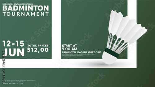 Badminton tournament championship banner template with shuttlecock and minimalist green court layout, Vector illustration EPS 10