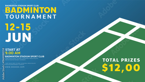Badminton tournament vector banner template with isometric green court on blue background, Vector illustration EPS 10