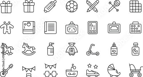 Baby icons, children toys, nursery items, stroller, rocking horse, baby bottle, rattle, puzzle pieces, scooter, guitar, building blocks, stroller