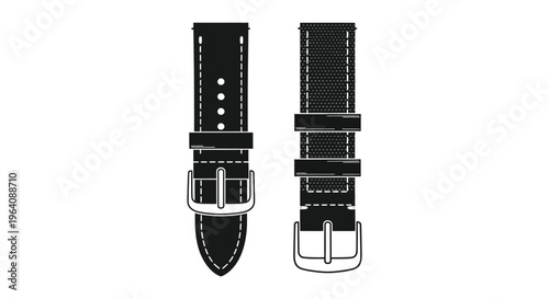 A detailed illustration of two watch straps one leather and one nylon presented in a stark black silhouette high quality professional