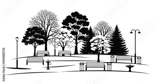 A scenic park landscape with trees benches and lampposts presented in a striking black silhouette high quality professional detailed modern elegant
