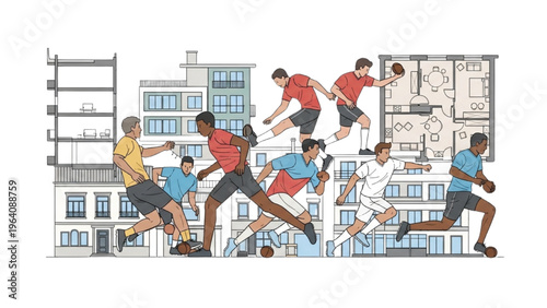 People in various actions in vector CAD design style cityscape