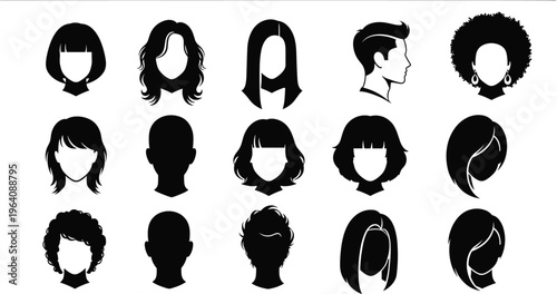 Collection of sixteen hairstyle silhouette icons featuring diverse hair types, lengths, textures, and profiles for design, illustration, and character creation.