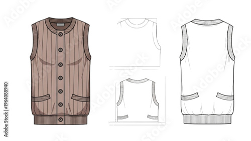 Vector CAD design style sleeveless vest in brown pinstripe with technical drawings