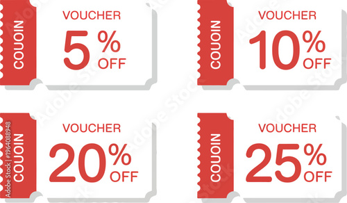 Coupon voucher with discount percentages showing sale promotion tags, red banner labels and gift voucher illustration