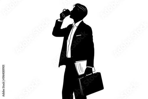 Silhouette of a Corporate Moment: A sophisticated individual pauses to sip from a mug, briefcase in hand, symbolizing a moment of reflection amidst a demanding corporate environment.