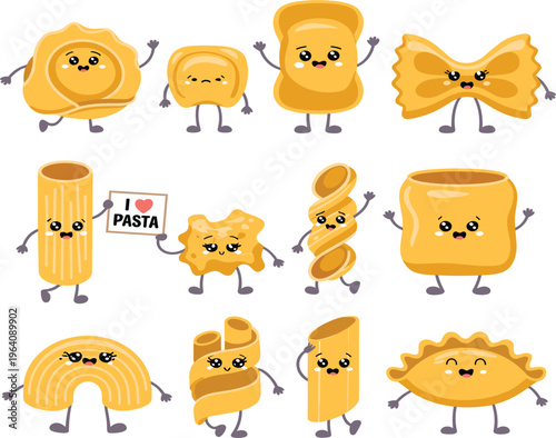 Cute kawaii pasta characters set with various italian noodle types, funny food faces vector illustration