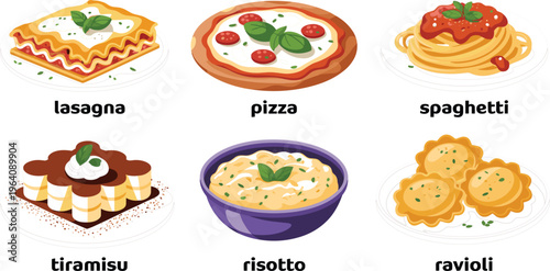 Italian food menu icons set including pizza, lasagna, spaghetti, ravioli, risotto and tiramisu vector illustration
