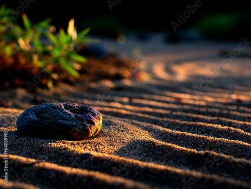 Soft light dances over a sandy landscape with a lone rock