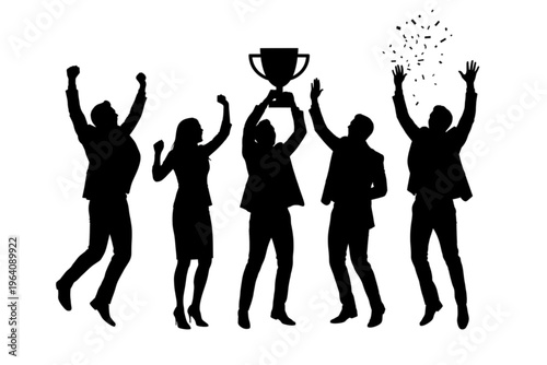 Silhouette of Success: A dynamic silhouette captures a team's jubilant triumph as they celebrate a remarkable victory, lifting a trophy and embracing achievement.