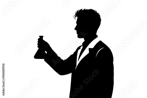 Silhouette of a Researcher: A determined researcher holds a flask, poised on the cusp of discovery, his silhouette a testament to the pursuit of knowledge and scientific innovation. 