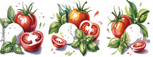 Fresh caprese salad ingredients set with red tomatoes, mozzarella cheese and green basil leaves vector