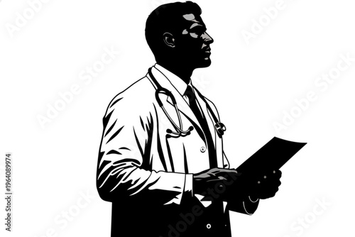 Medical Silhouette: Silhouette of a doctor reviewing patient records, symbolizing knowledge and dedication. 