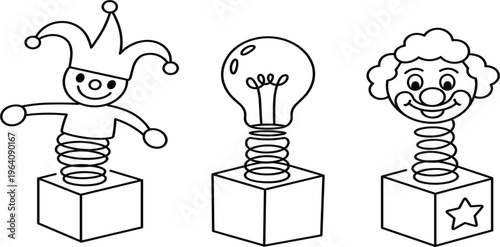 Jack in the box vector set with jester, lightbulb, and clown characters for coloring book design