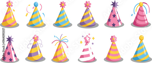 Colorful party hat vector set with stars, stripes, and pom poms for birthday celebration designs