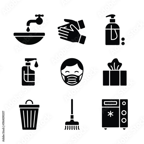 A collection of black icons depicting COVID-19 pandemic safety measures