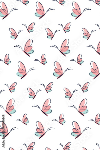 Seamless elegant butterfly pattern with pastel colors and hand drawn line style