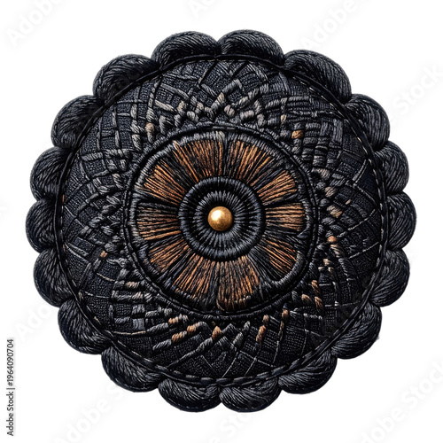 Intricate black and gold embroidery on a black background.