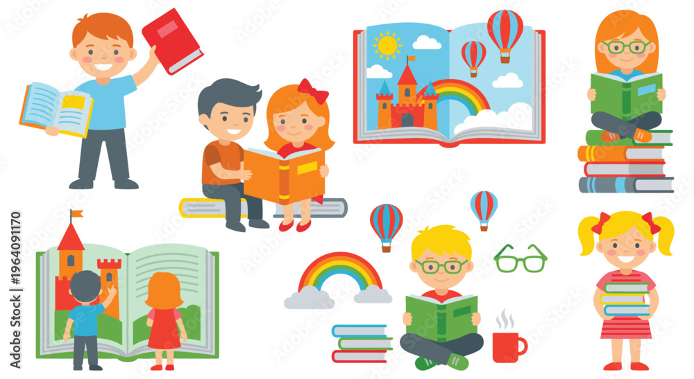 Fototapeta premium Children reading books and enjoying stories in various fun settings.