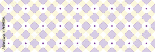 Pastel Quatrefoil Seamless Pattern. Elegant Soft Geometric Trellis Background with Lavender Floral Tile Motif.
