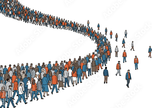 Large crowd of people walking in organized line social movement queue concept population flow illustration isolated on white background