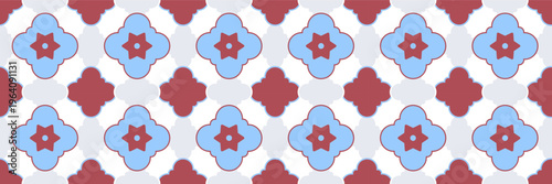 Moroccan Quatrefoil Seamless Pattern. Decorative Blue and Red Geometric Tile Background with Vintage Floral Motif.
