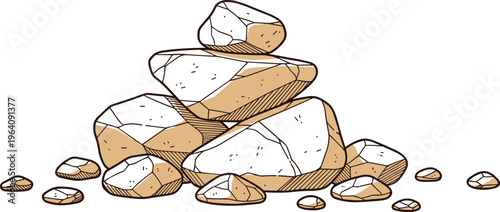 Balanced stacked rocks illustration, stone cairn concept, zen harmony symbol, natural stability design, hand drawn earthy stones, minimalist isolated background