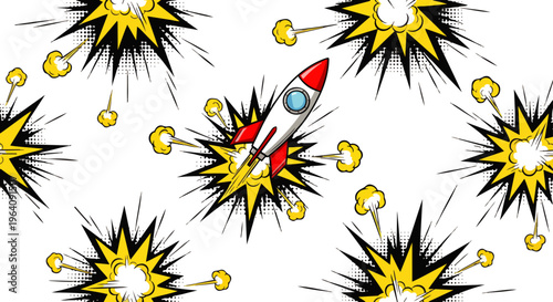 rocket launch comic book style pop art explosions on white background illustrating business growth and success concept.