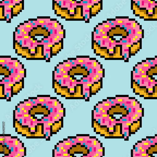 Seamless pattern with doughnut pixel art