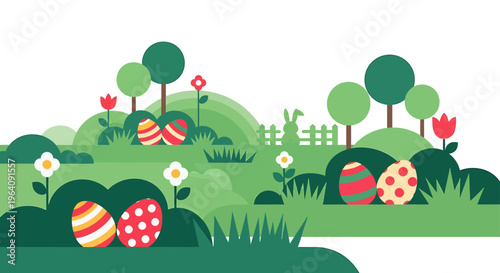 easter egg hunt spring landscape with colorful easter eggs and a cute bunny in flat design for holiday celebration.