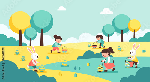 easter egg hunt with children and bunnies collecting colorful eggs in a cheerful spring park a flat design illustration of outdoor family fun.