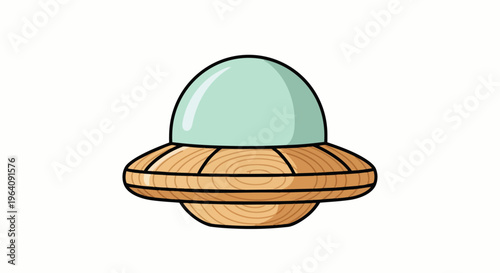 cute cartoon ufo flying saucer illustration with wooden texture and blue dome isolated on white ideal for sci-fi designs.