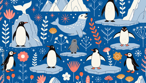 Whimsical arctic scene featuring penguins seals and snowy mountains