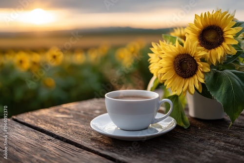 Sunshine and coffee in a sunflower field at sunset